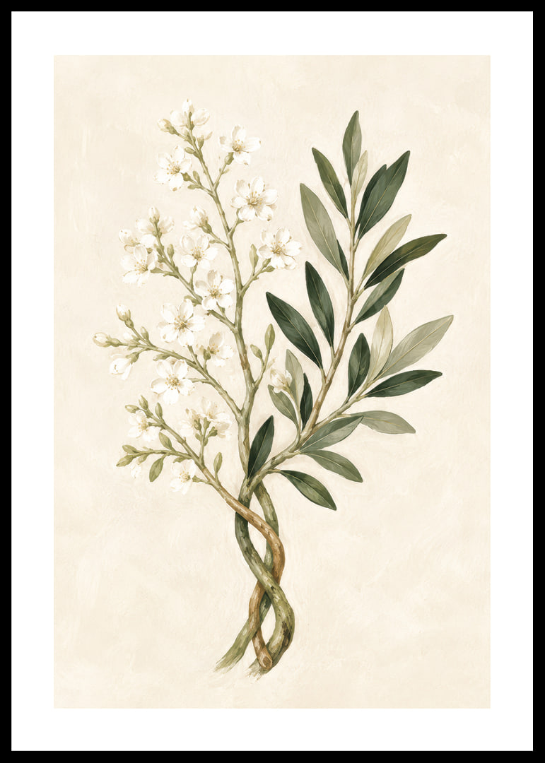 Des fleurs d'un blanc transparent et des feuilles vert olive dans une aquarelle botanique apaisante.-12