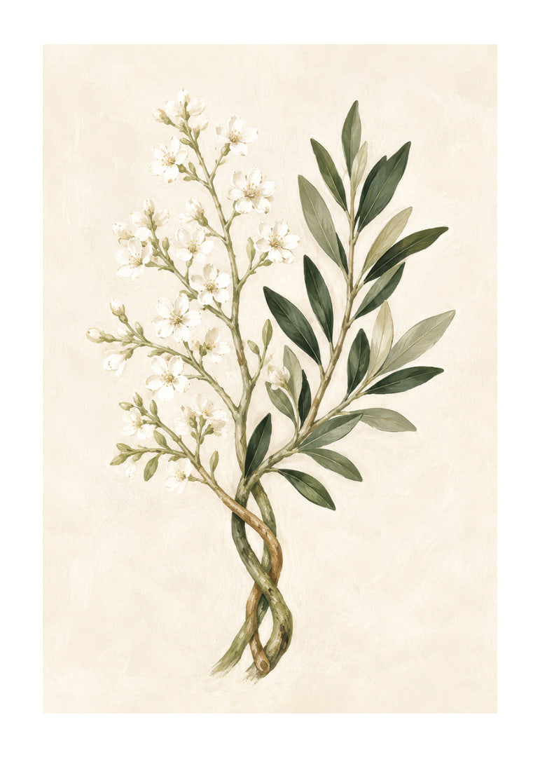 Des fleurs d'un blanc transparent et des feuilles vert olive dans une aquarelle botanique apaisante.-12