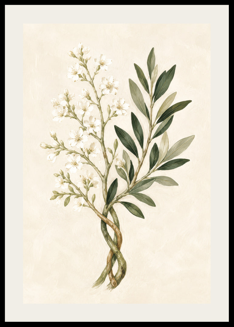 Des fleurs d'un blanc transparent et des feuilles vert olive dans une aquarelle botanique apaisante.-12