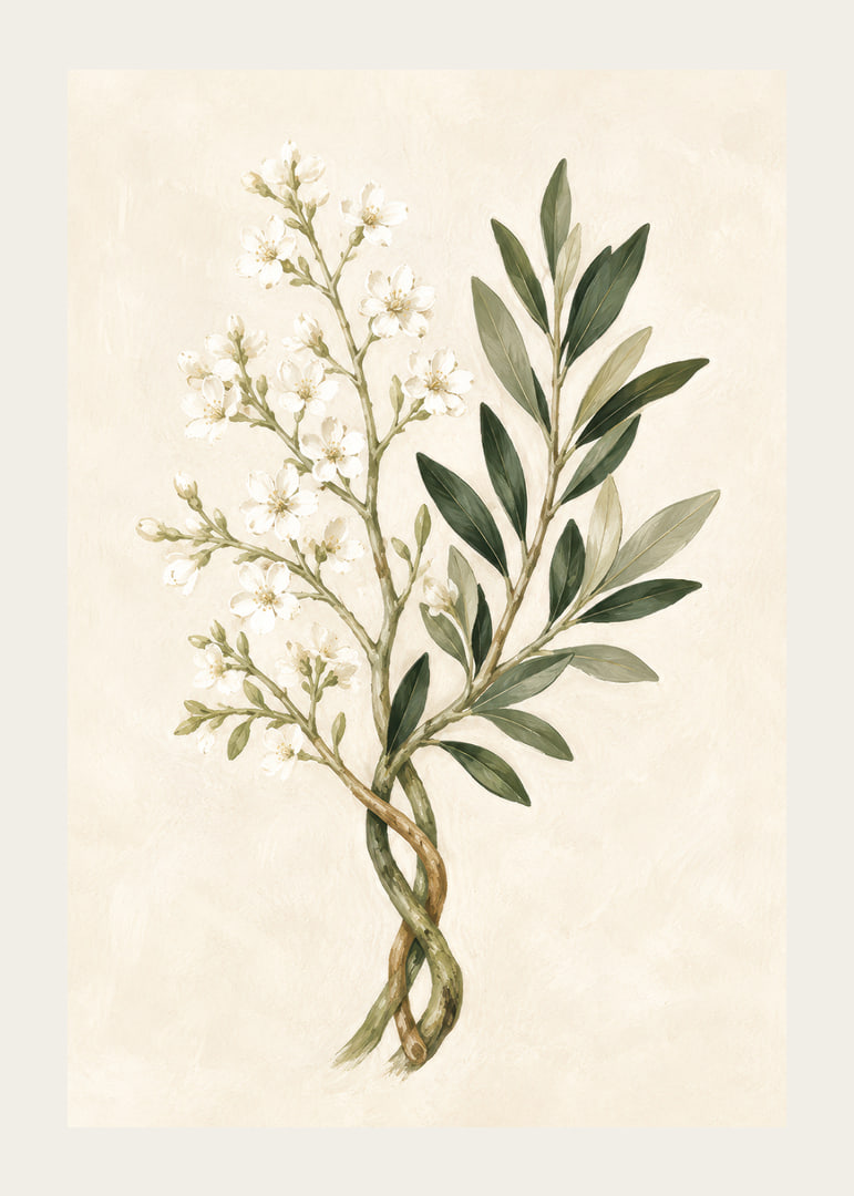Des fleurs d'un blanc transparent et des feuilles vert olive dans une aquarelle botanique apaisante.-12