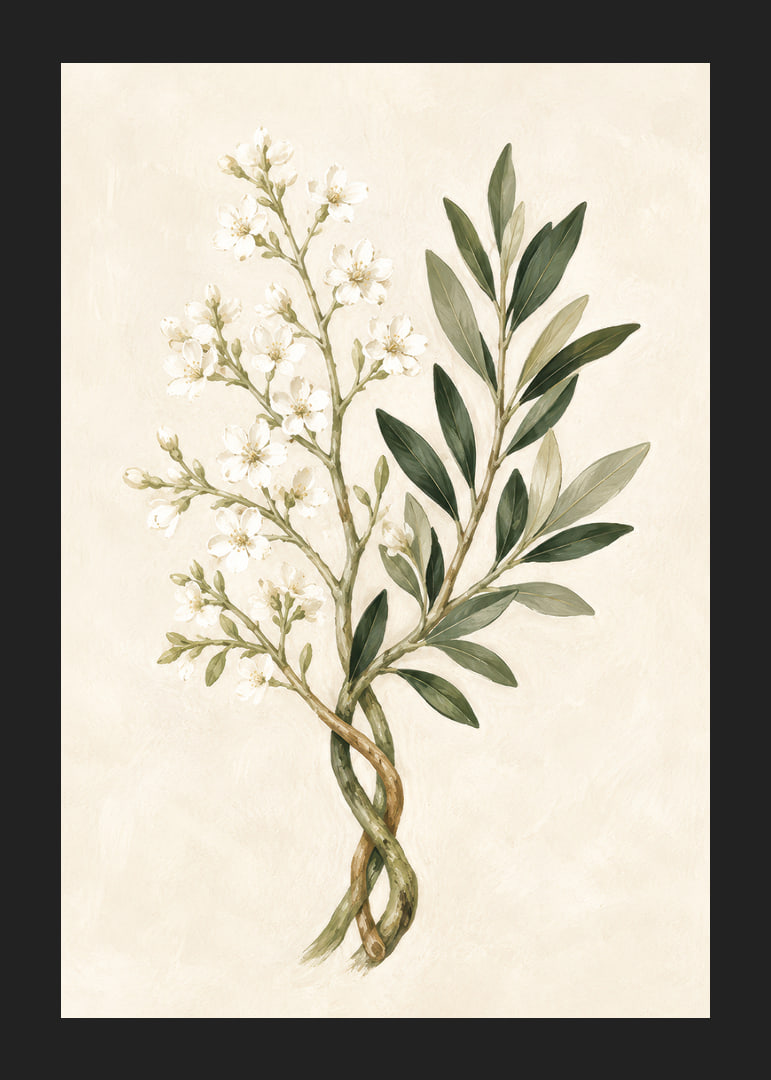 Des fleurs d'un blanc transparent et des feuilles vert olive dans une aquarelle botanique apaisante.-12