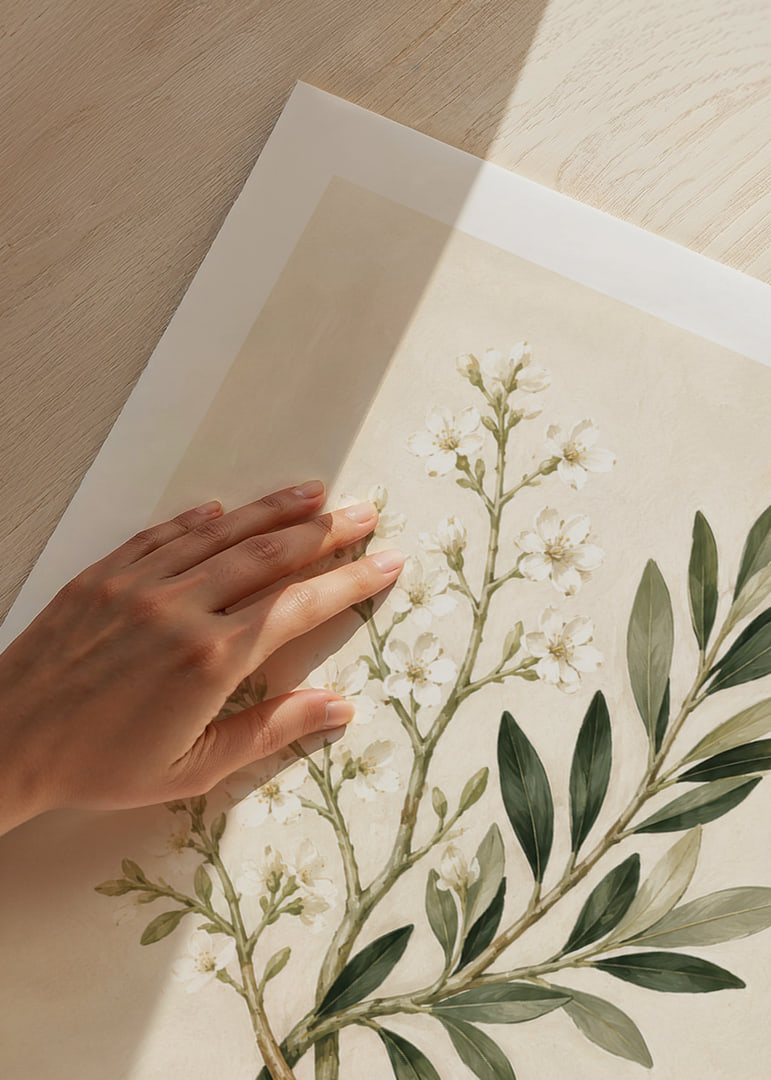 Des fleurs d'un blanc transparent et des feuilles vert olive dans une aquarelle botanique apaisante.-12