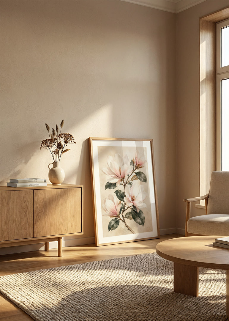Mjuka magnoliablommor i akvarell skapar en rofylld och tidlös känsla.-12