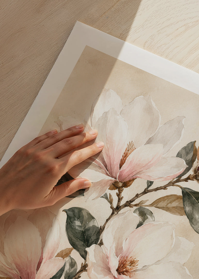 Mjuka magnoliablommor i akvarell skapar en rofylld och tidlös känsla.-12