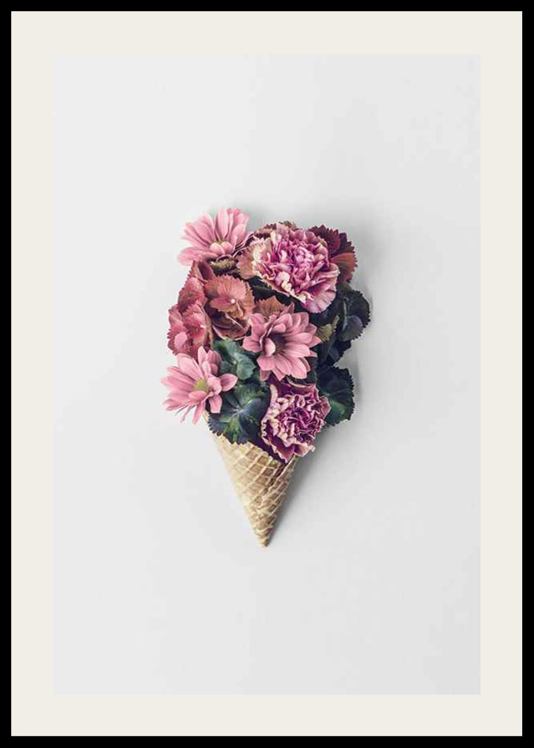 Photograph of pink flowers arranged in a waffle cone-12