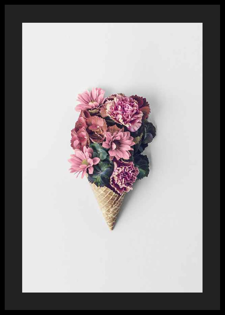 Photograph of pink flowers arranged in a waffle cone-12