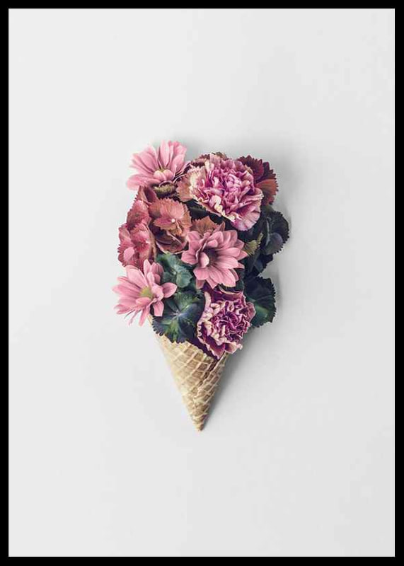 Photograph of pink flowers arranged in a waffle cone-12
