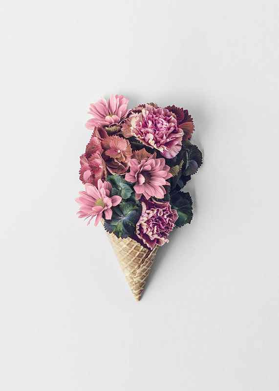 Photograph of pink flowers arranged in a waffle cone-12