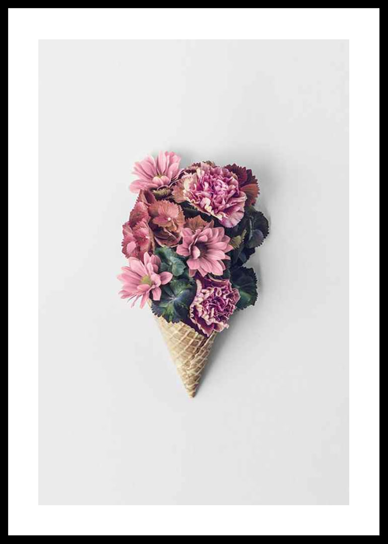 Photograph of pink flowers arranged in a waffle cone-12