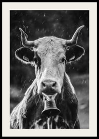 Black and white portrait of cow with bell and raindrops-2