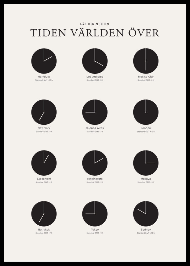 Grafisk illustration med världsklockor i svartvitt raster-12