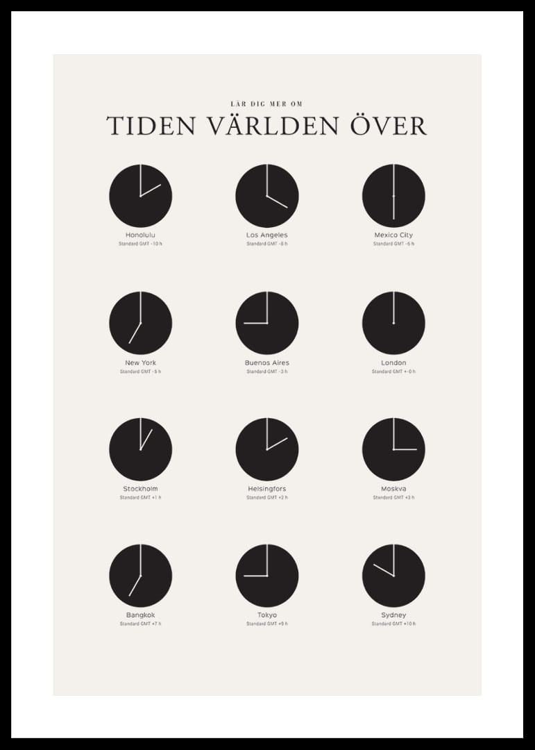 Grafisk illustration med världsklockor i svartvitt raster-12