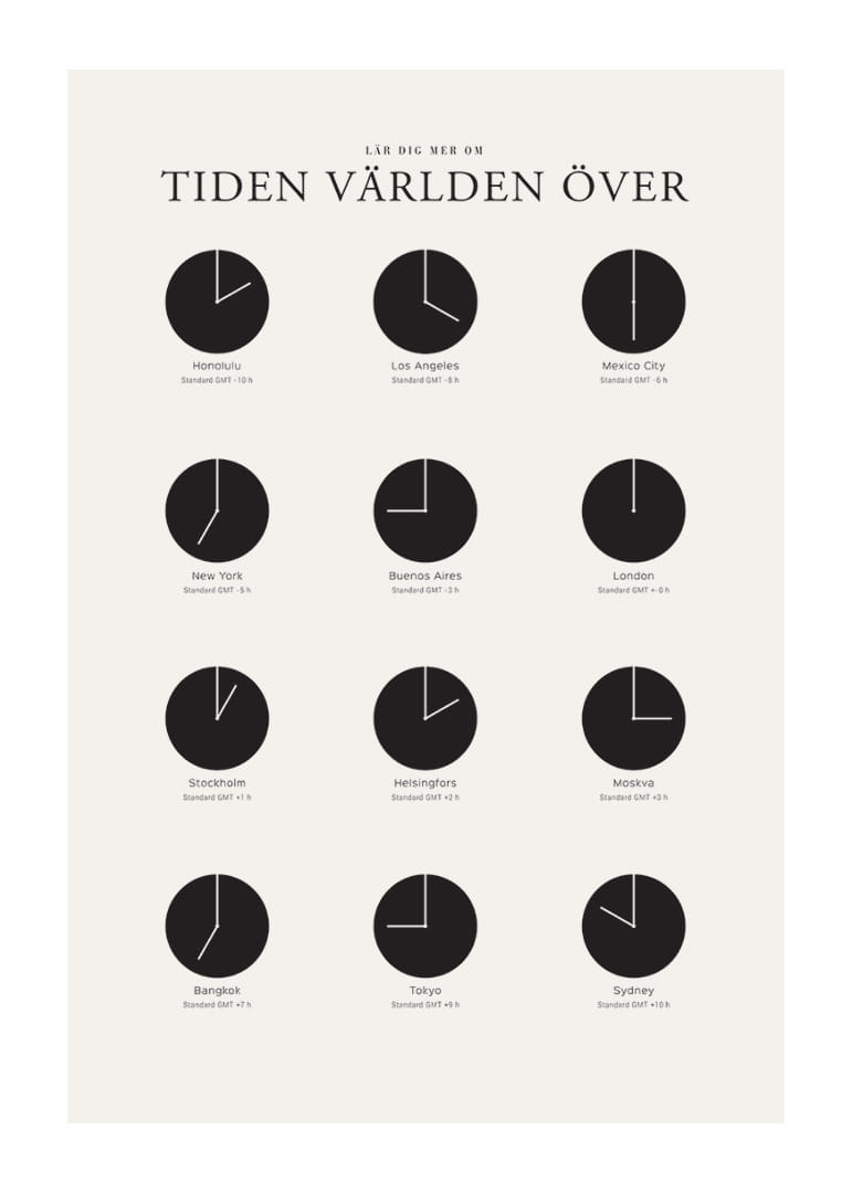 Grafisk illustration med världsklockor i svartvitt raster-12