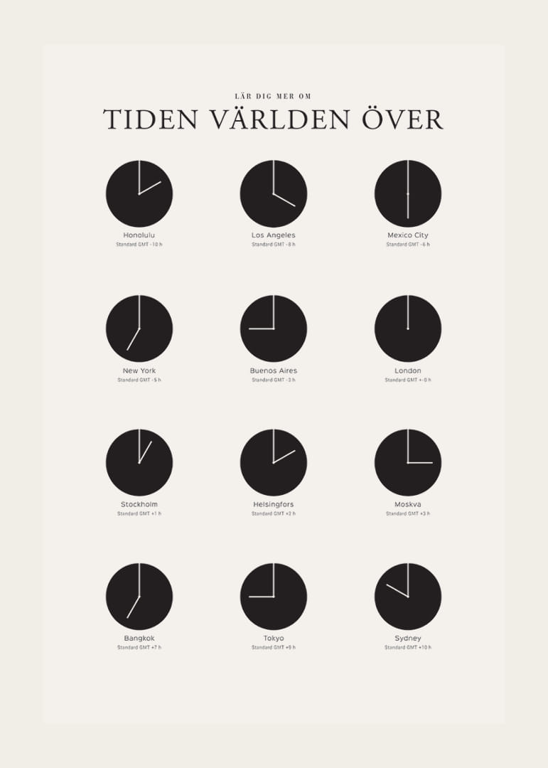 Grafisk illustration med världsklockor i svartvitt raster-12