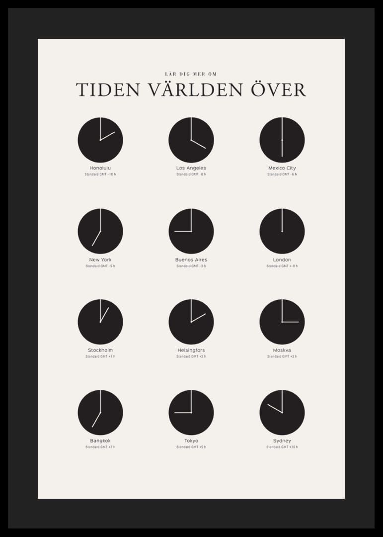 Grafisk illustration med världsklockor i svartvitt raster-12