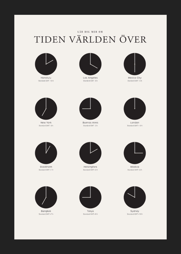 Grafisk illustration med världsklockor i svartvitt raster-12