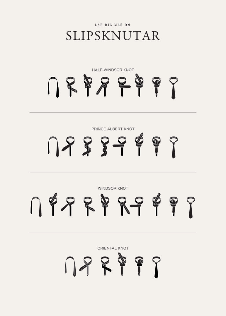 Illustrerade instruktioner för fyra slipsknutar i svartvitt-12