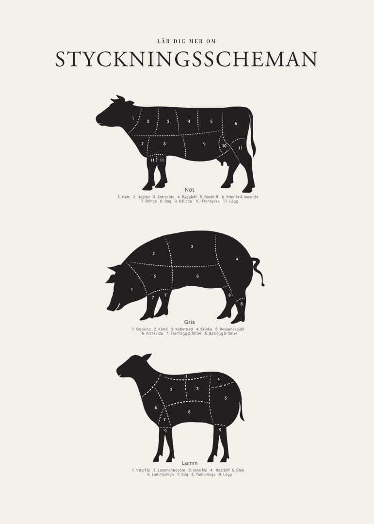 Illustrerade styckningsscheman för nöt, gris och lamm i svartvitt-12