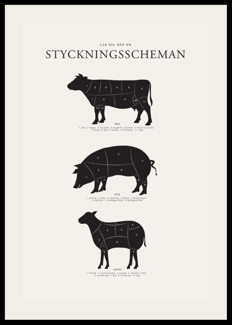 Illustrerade styckningsscheman för nöt, gris och lamm i svartvitt-12