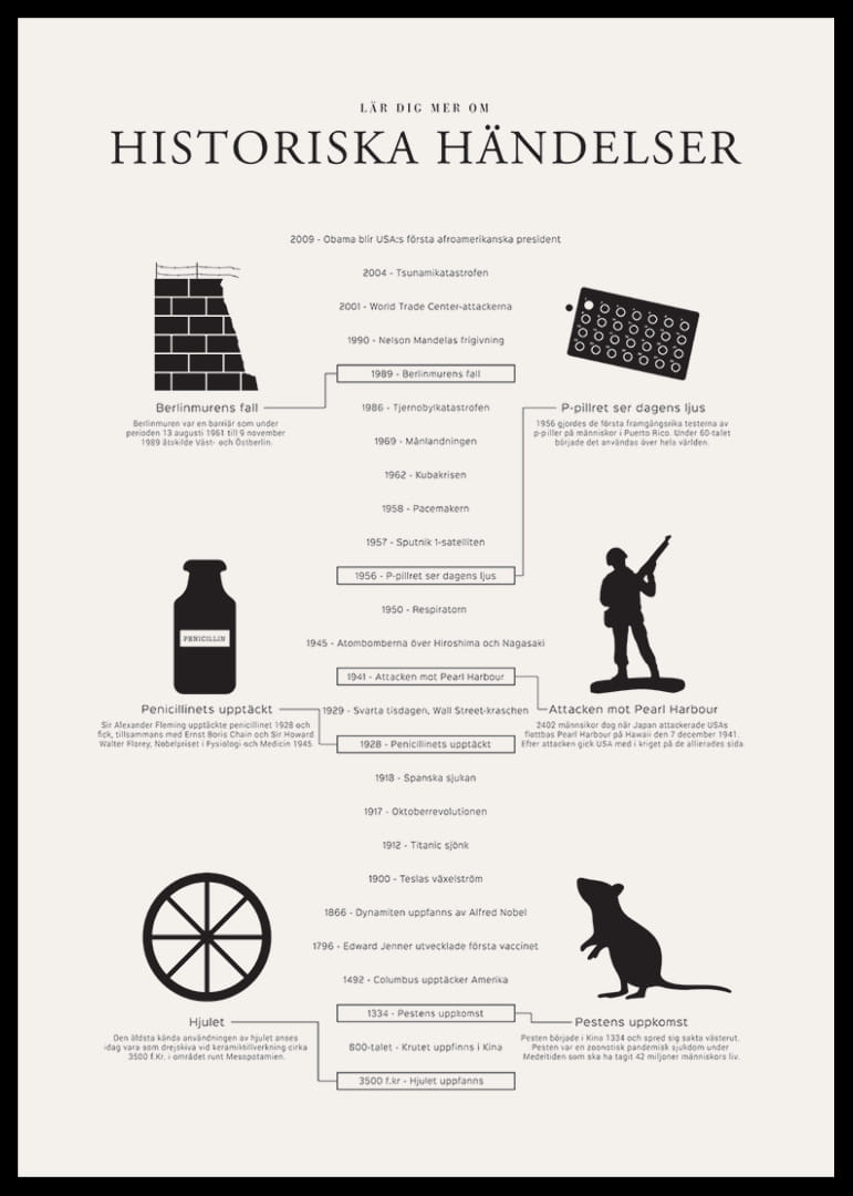 Svartvit tidslinje med ikoner och texter om historiska händelser-12