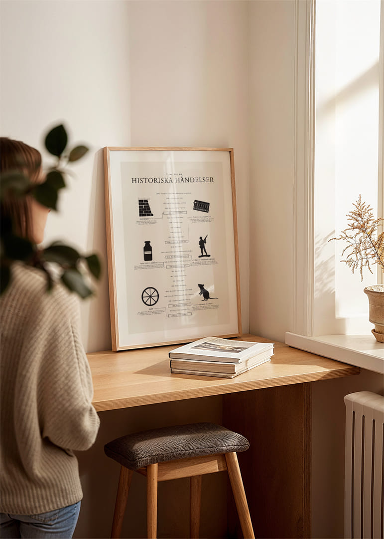 Svartvit tidslinje med ikoner och texter om historiska händelser-12