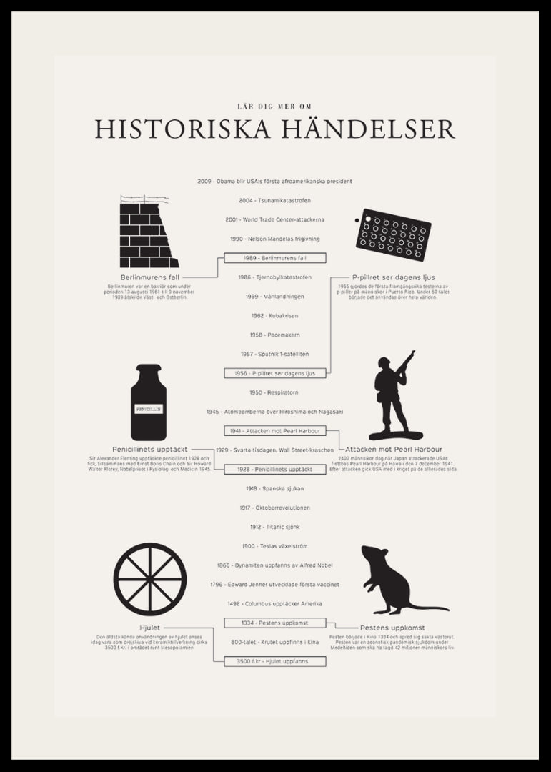 Svartvit tidslinje med ikoner och texter om historiska händelser-12