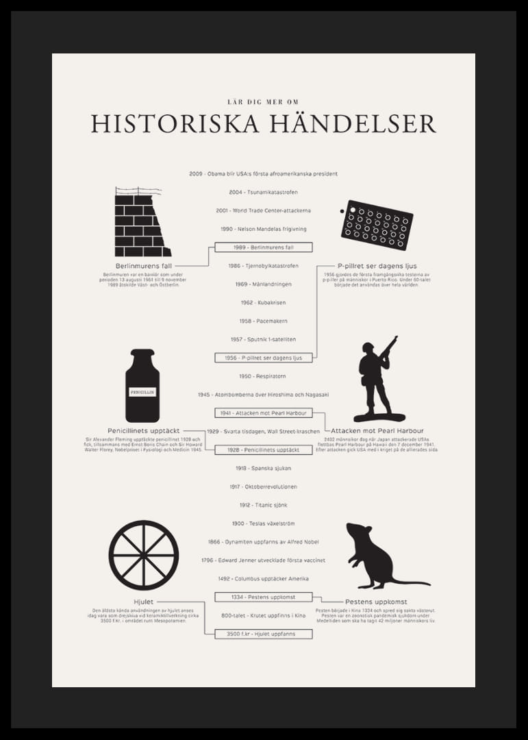 Svartvit tidslinje med ikoner och texter om historiska händelser-12