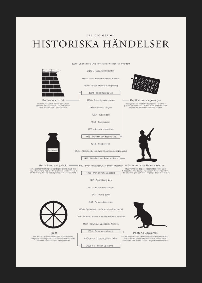 Svartvit tidslinje med ikoner och texter om historiska händelser-12
