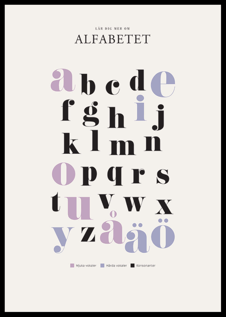 Illustrerat alfabet med färgmarkerade vokaler och konsonanter-12