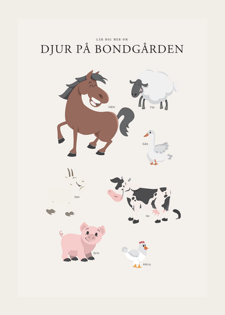 Illustrerade bondgårdsdjur i milda färger på ljus bakgrund-12