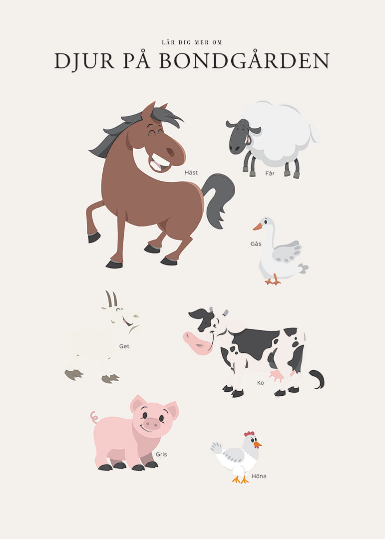 Illustrerade bondgårdsdjur i milda färger på ljus bakgrund-12