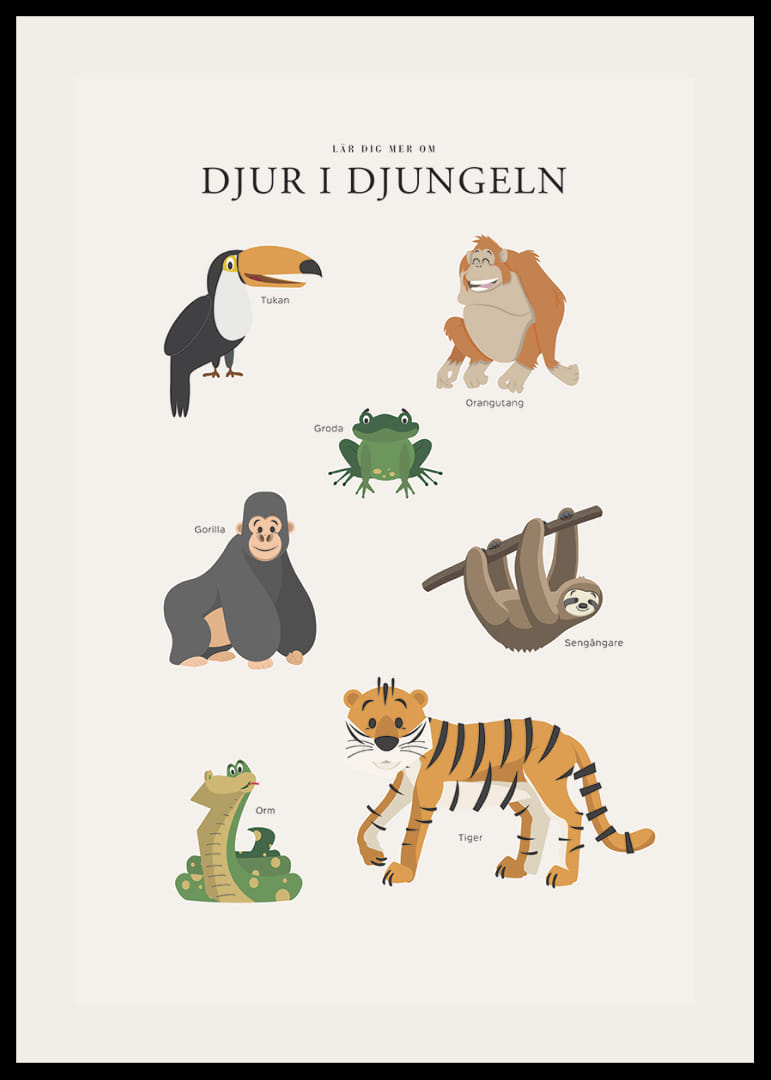Illustrerade djungeldjur med text på ljus bakgrund-12