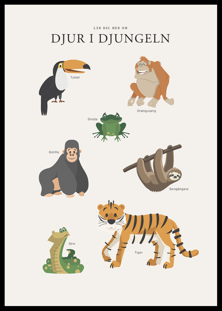 Illustrerade djungeldjur med text på ljus bakgrund-12