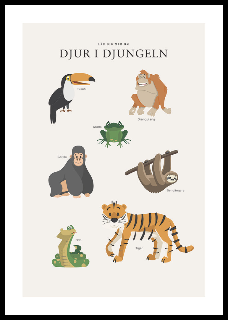 Illustrerade djungeldjur med text på ljus bakgrund-12