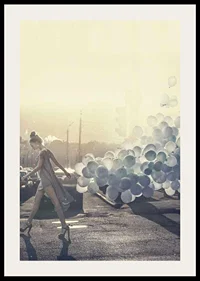 Photograph of woman in gray dress with blue balloons on street-2