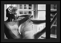 Black and white photograph of woman in lace dress by window-4