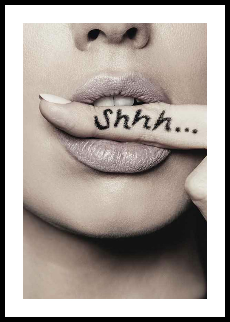 Close-up of woman's lips with finger in focus, text Shhh...-12