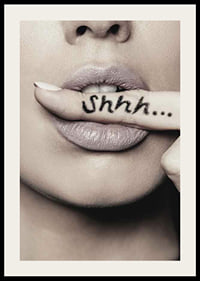 Close-up of woman's lips with finger in focus, text Shhh...-2