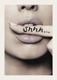 Close-up of woman's lips with finger in focus, text Shhh...-3