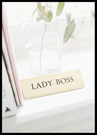 Photograph of gold-colored sign with the text LADY BOSS-6