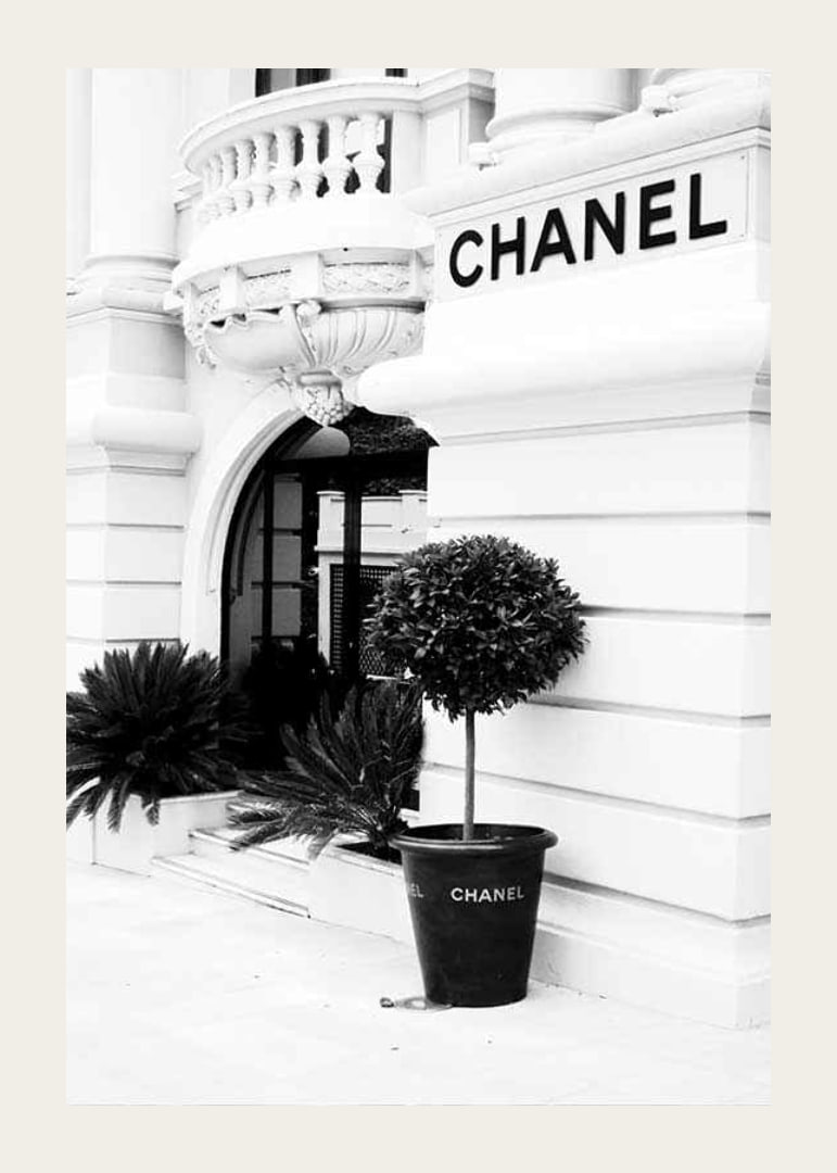 Black and white photo of the Chanel store entrance and facade-12