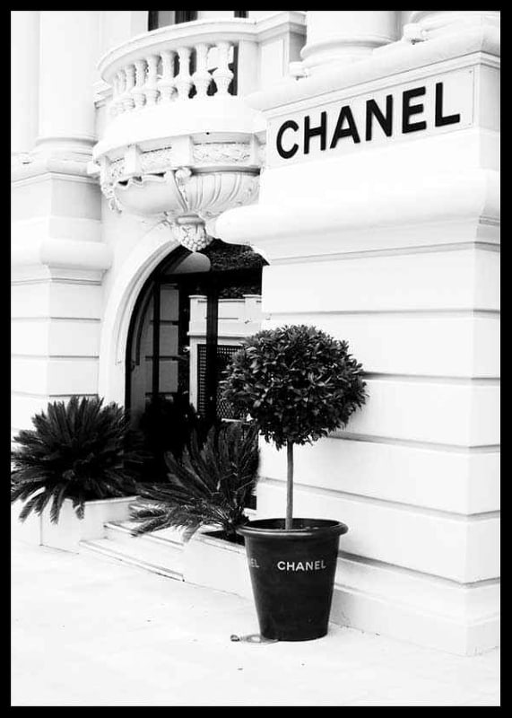 Black and white photo of the Chanel store entrance and facade-12