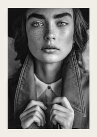 Fotografia in bianco e nero di una giovane donna con lentiggini e sopracciglia definite-3