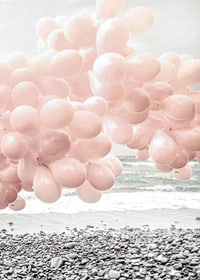 Photographic light pink balloons at rocky beach and sea-7