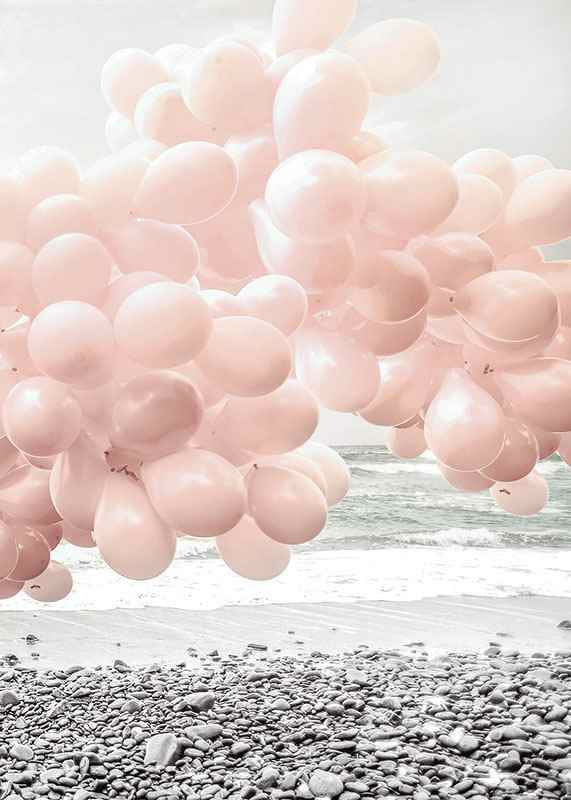 Photographic light pink balloons at rocky beach and sea-12