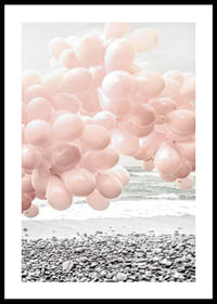 Photographic light pink balloons at rocky beach and sea-0