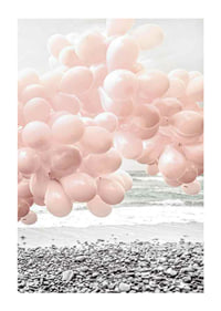 Photographic light pink balloons at rocky beach and sea-1