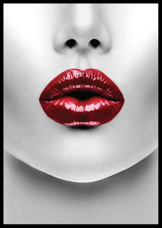 Close-up of red glossy lips on black and white face-12