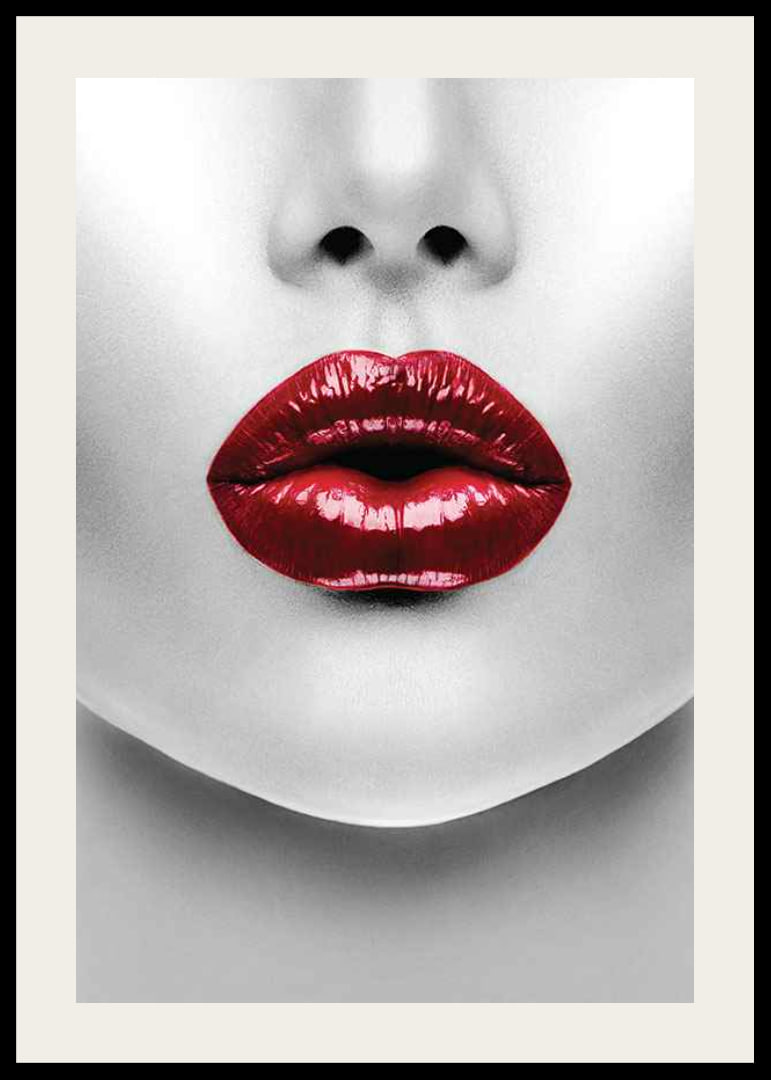 Close-up of red glossy lips on black and white face-12