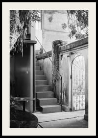 Black and white photograph of stairs in a lush courtyard setting-2